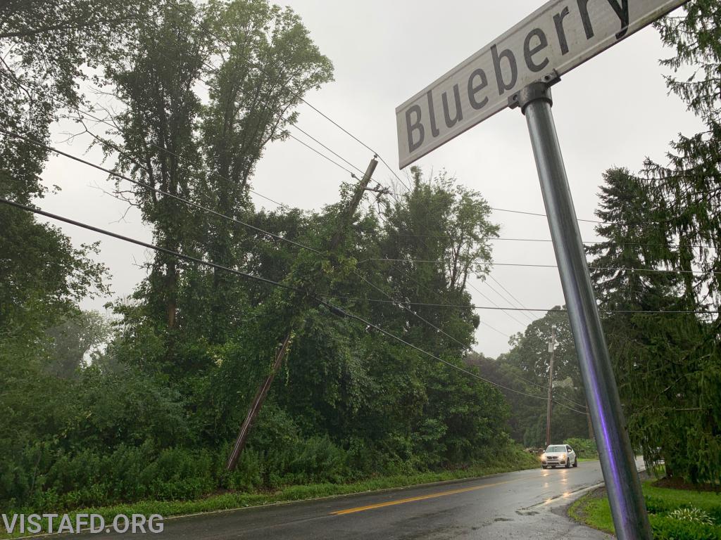 A telephone pole leaning near Blueberry Lane - 08/04/20