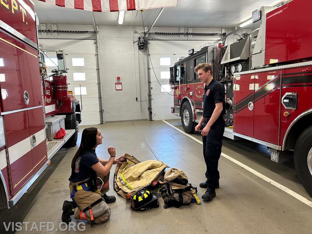 Foreman Kyla Whalen going over the &quot;2-minute drill&quot; with Probationary FF/EMT Ben Bo - 05/07/23