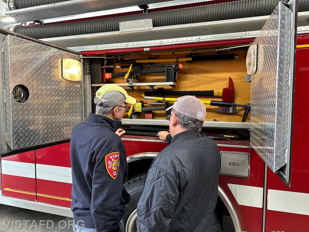 Foreman Brian Sferra going over Engine 143 with Probationary Firefighter/EMT Candidate Andy Korman - 01/07/24