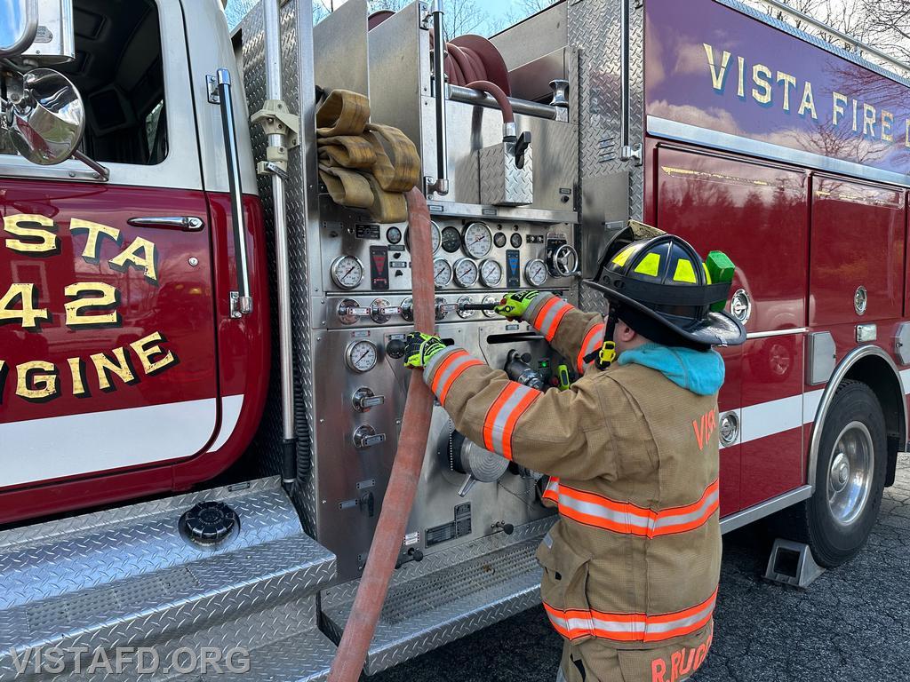 Foreman Ryan Ruggiero operating the Engine 142 pump panel during &quot;Firefighter Skills Class&quot; - 04/07/24